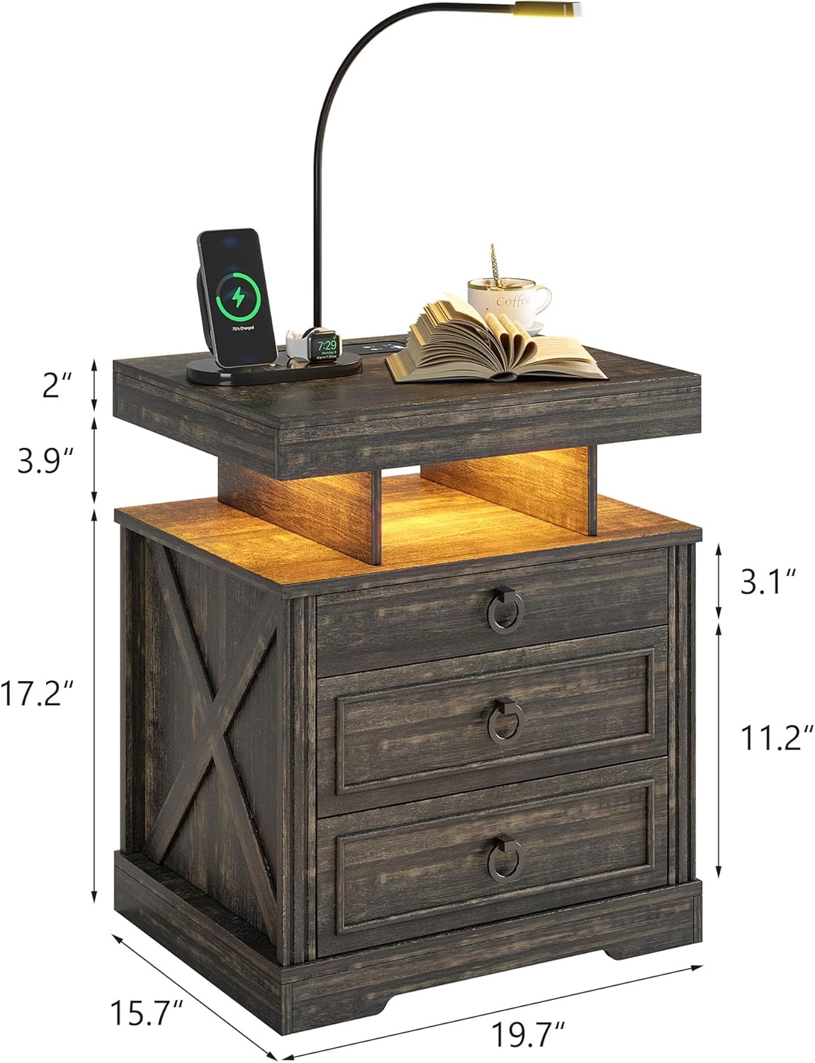 HNEBC Nightstand Side Table with Gun Case,Night Stand with Wireless Charging Station, Farmhouse Bedside Table with 2 Drawers, End Table with Bedside Lamp for Living Room/Bedroom, Rustic Brown