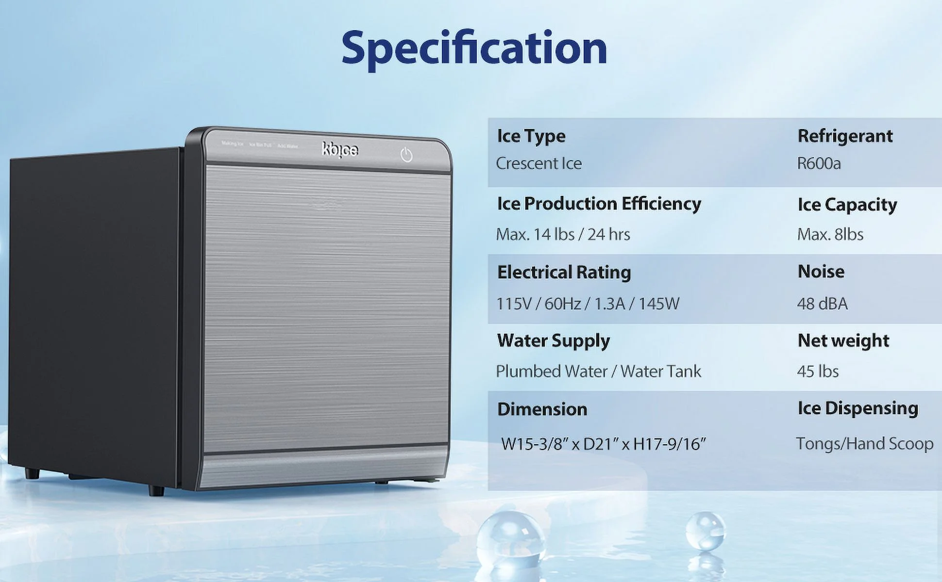 KBICE Crescent Ice Maker - Plumbed-in Water Supply