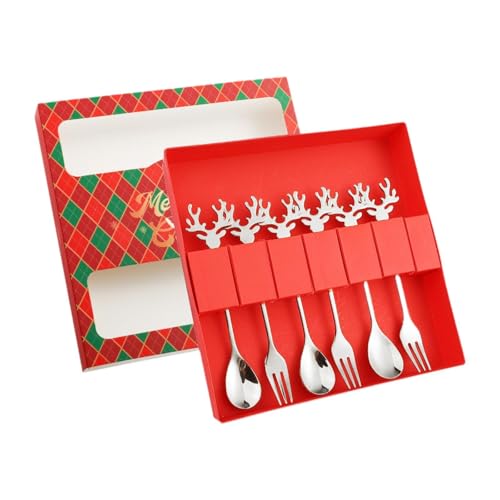 6x Christmas Spoons Forks Set Premium Stainless Steel Dessert Forks and Spoons with Gift Box Christmas Tableware for Kitchen, silvery red box
