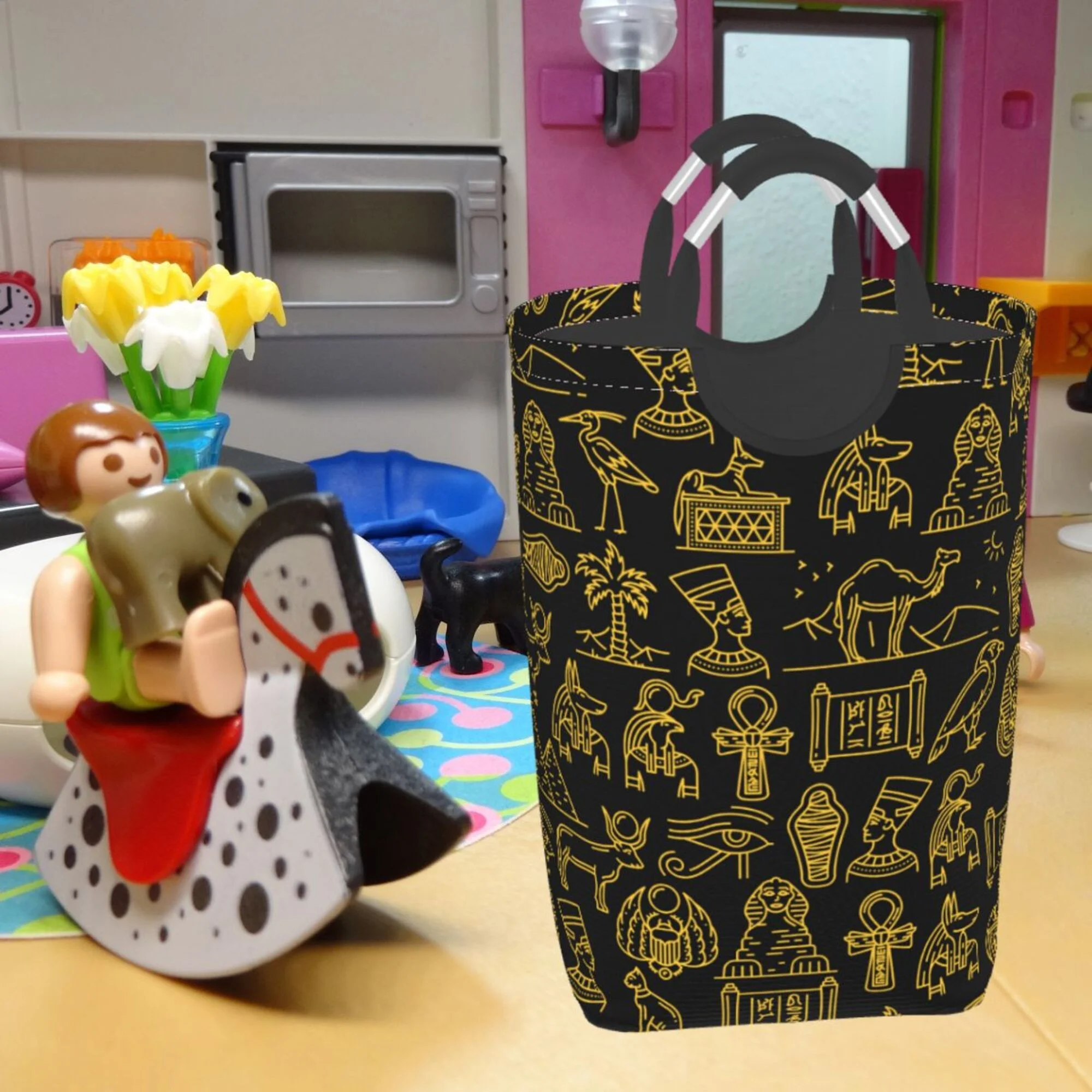 TEQUAN 50L Large Rectangular Laundry Hamper with Aluminum Handles, Ancient Gods of Egypt Prints Waterproof Foldable Dirty Clothes Basket