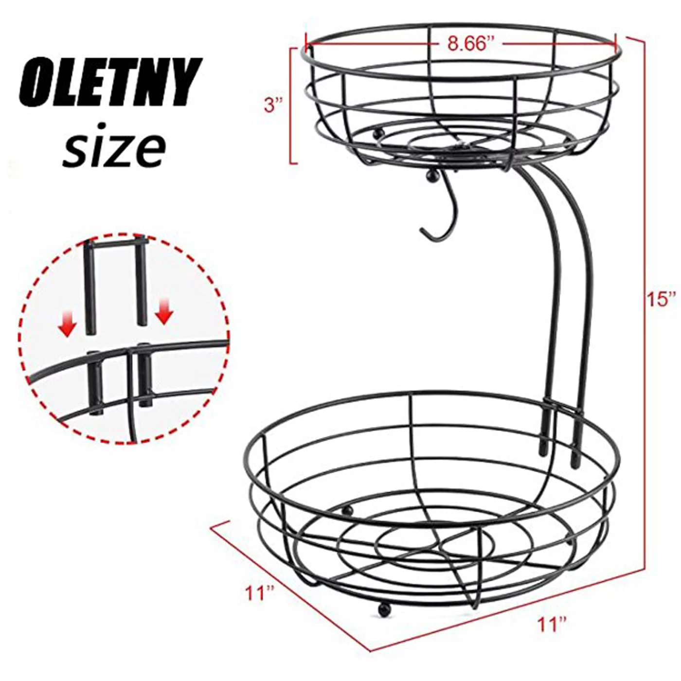 OLETNY 2-Tier Fruit and Vegetable Stand, Rectangular Wire Basket Bowl for Kitchen Storage and Organization