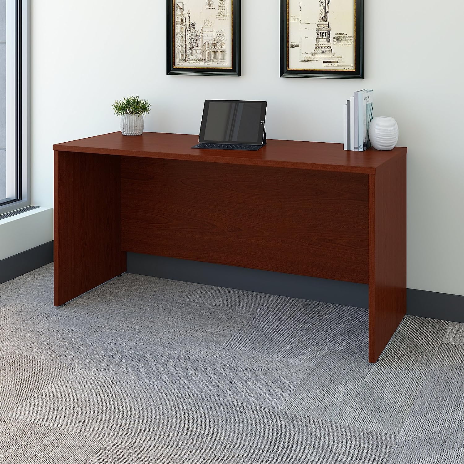 WAGEE Series C 60W x 24D Credenza Desk in Mahogany, Computer Table for Home or Professional Office