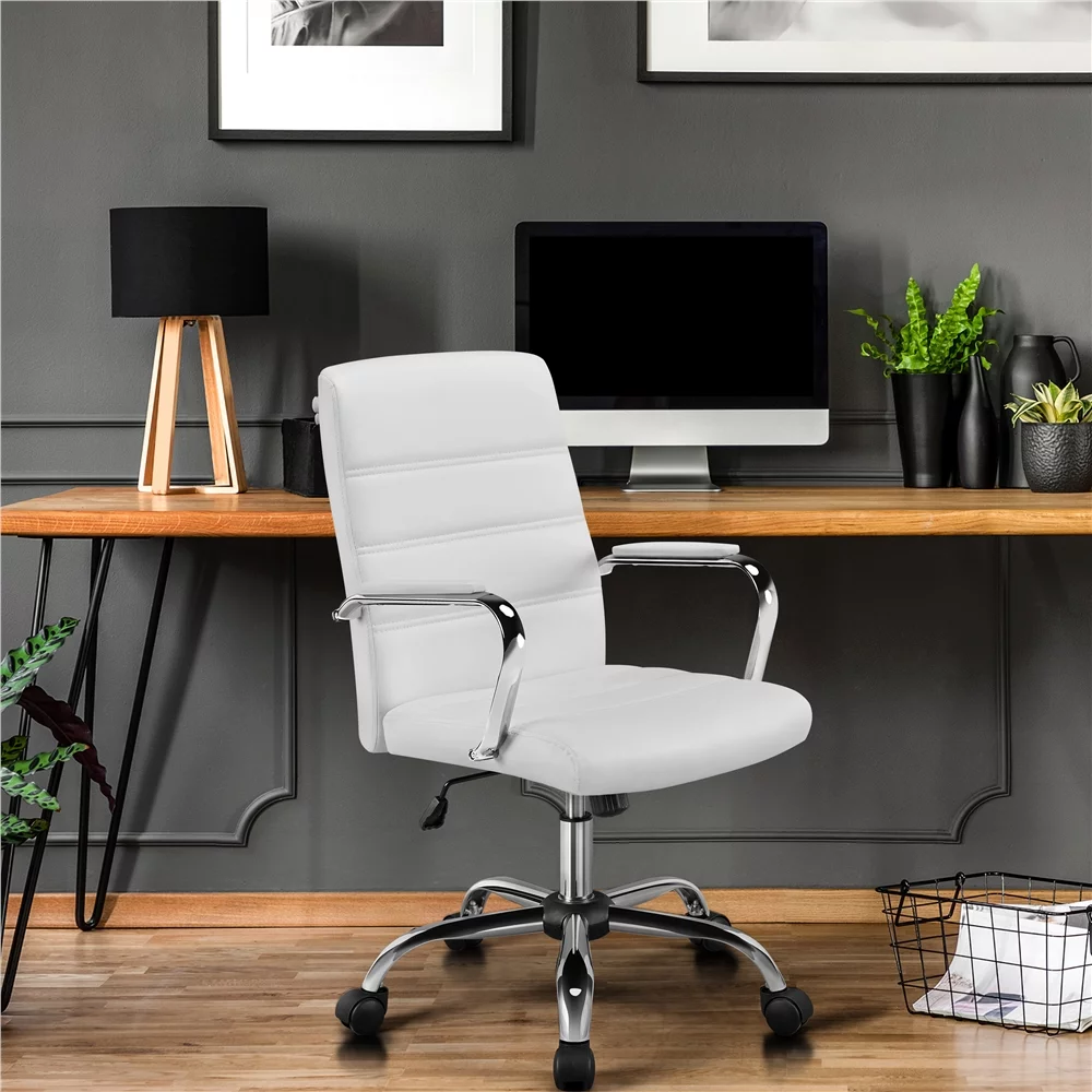 SmileMart Adjustable Swivel Faux Leather Office Chair Mid-Back for Home Office, White