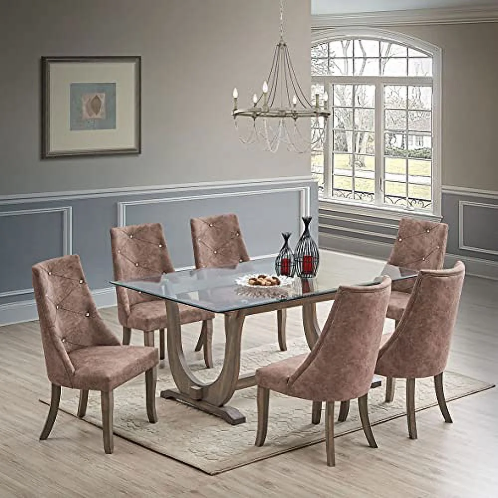 Kings Brand Furniture - Elmer 7 Piece Glass Top Dining Set, Table & 6 Chairs, Gray/Dark Brown