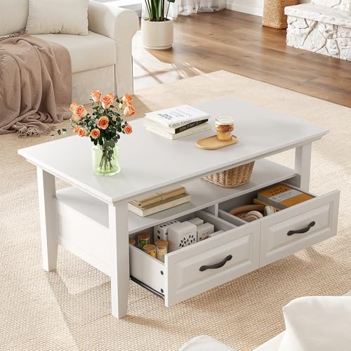Marsail Lift Top Coffee Table with Open & Hidden Storage, Modern Fluted Coffee Table with Smooth Lift Mechanism, Sturdy Space-Saving Center Table for Home Living Room, Office, Natural Oak