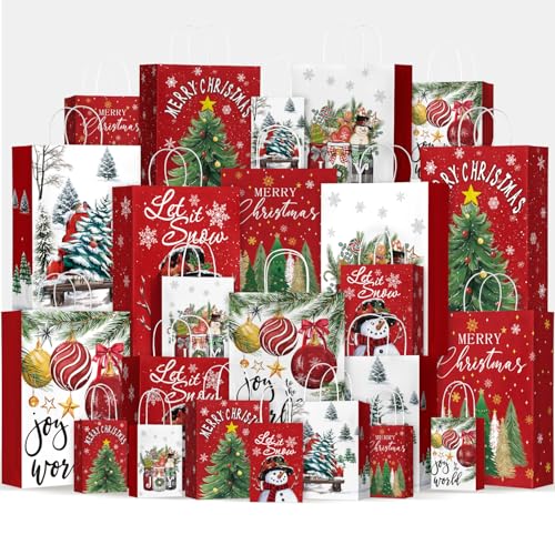 Horaldaily 24 Christmas Gift Paper Bags Bulk with handles Wrapping, Christmas Trees Snowman Truck Ball Ornaments Xmas Holiday Presents(6 Jumbo,6 Large,6 Medium,6 Small)