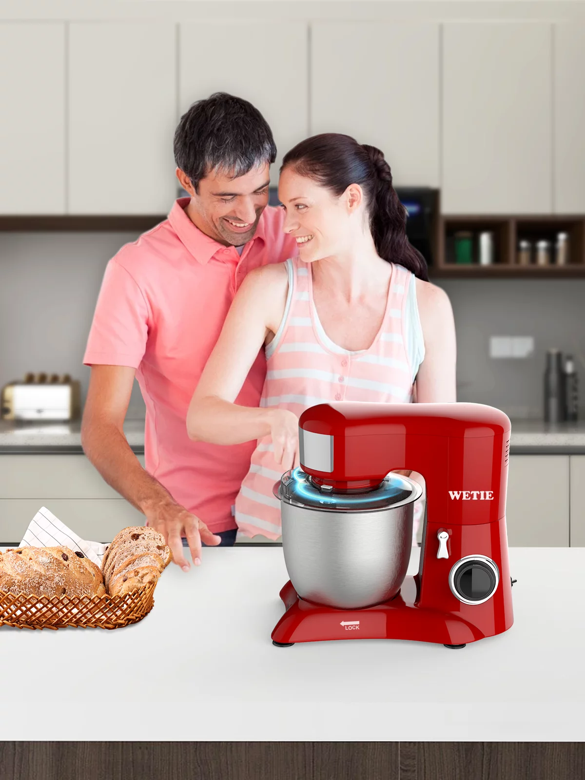 WETIE Stand Mixer with Bowl and Dough Hook, 4.8 Quarts , 10 Speed Kitchen Electric Mixer,Tile-Head,Red