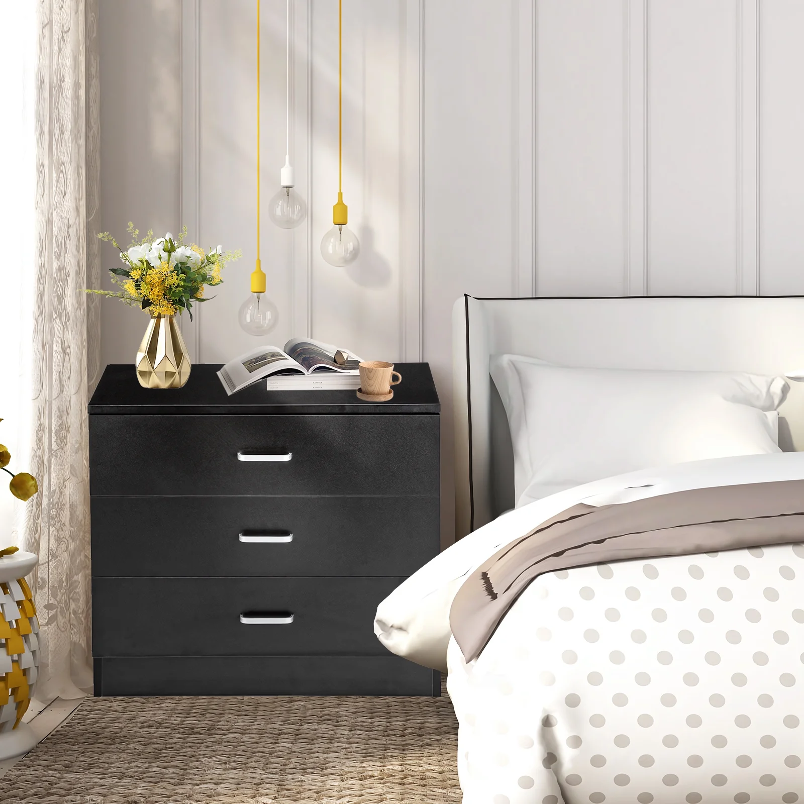 SYTHERS Modern Storage Chest of Drawers, Wooden Bedside Table Sofa Side Table Bedroom Nightstand, Black, 26W×13D×22H