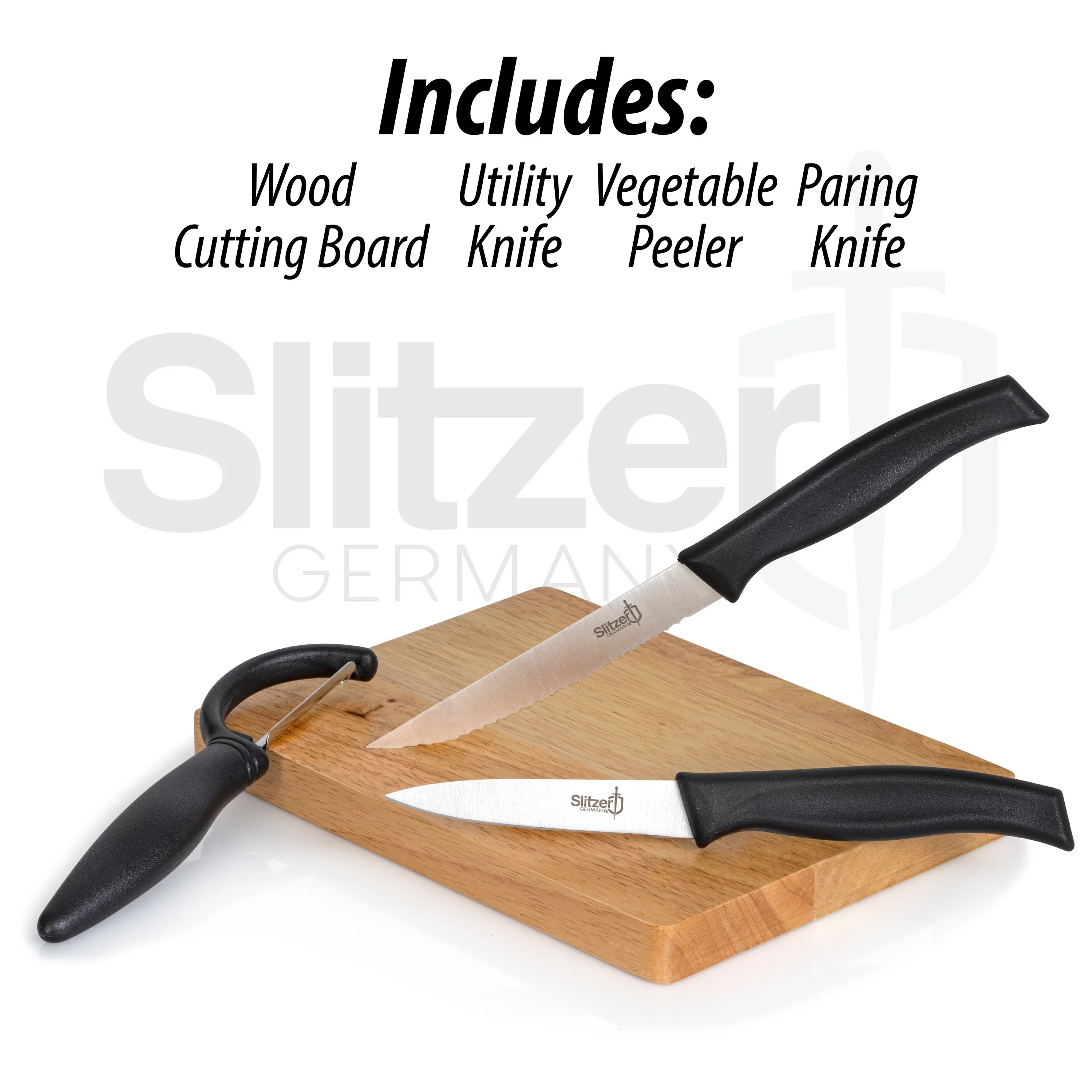 Slitzer Germany Cutting Board And Knife Set - German Stainless Steel 3.5 Inch Paring Knife,  4.5 Inch Utility Knife, Vegetable Peeler, 8x6 Inch Wooden Chopping Board - Food Prep Accessories & Kitchen
