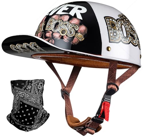 DOT Approved Baseball Cap Motorcycle Half Helmet, Vintage Street Adults Skull Cap Helmet for Men Women, Open Face Motorbike Helmets for Cruiser Street Scooter