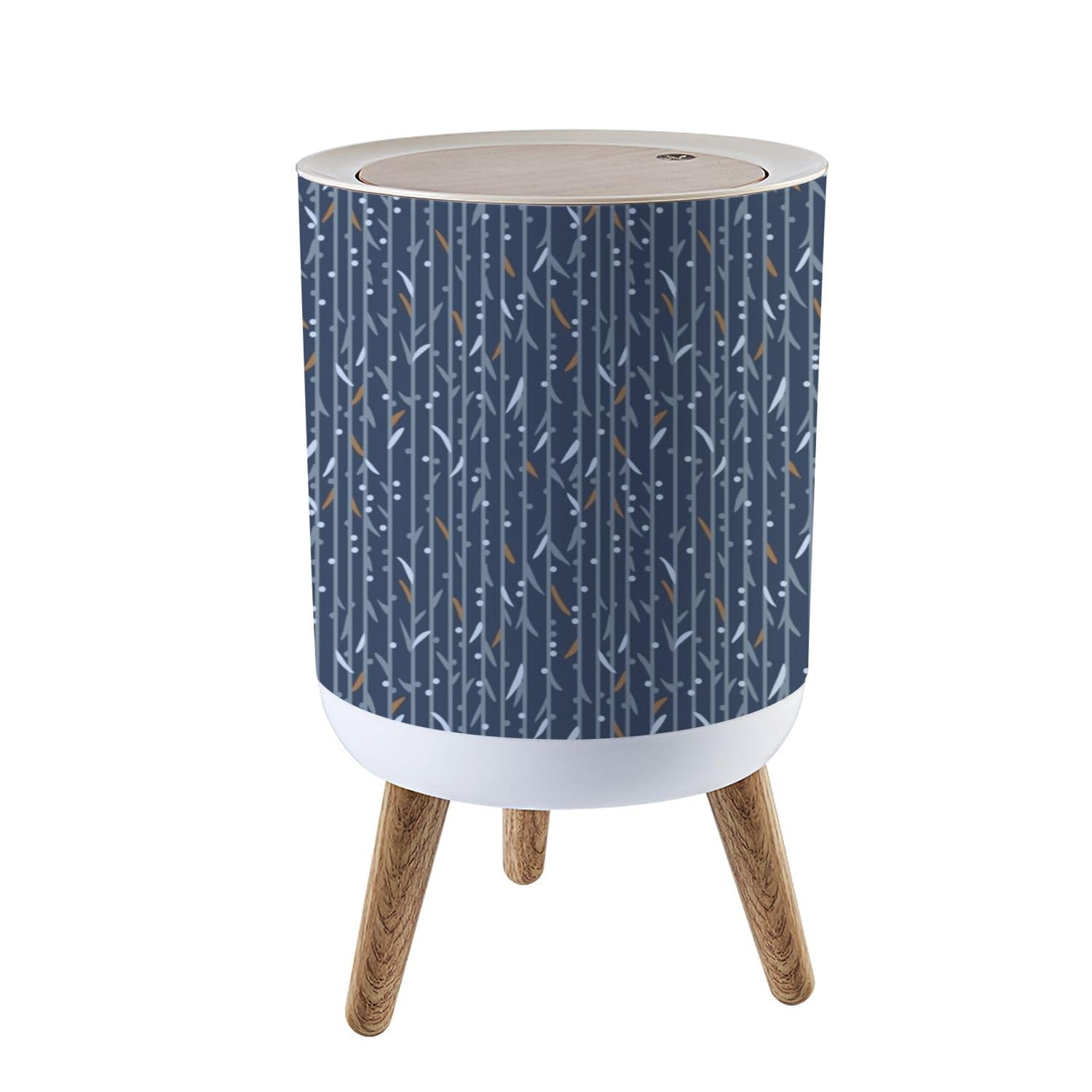 Trash Can with Lid Japanese Leaf Vine Stripe Seamless Pattern Press Cover Small Garbage Bin Round with Wooden Legs Waste Basket for Bathroom Kitchen Bedroom 7L/1.8 Gallon