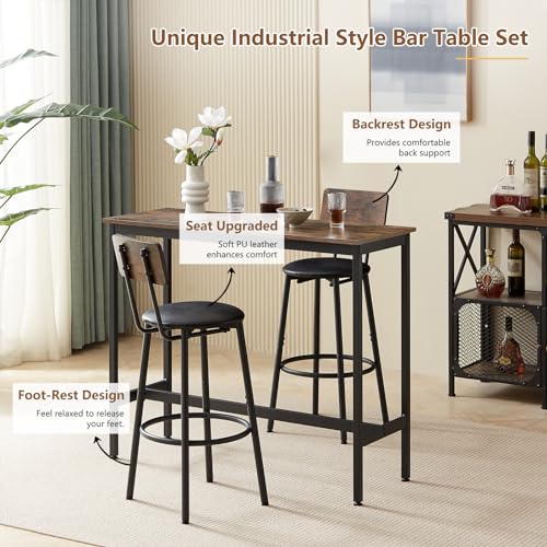 Tatub Bar Table with Stools Set of 2, Industrial 3 Piece Counter Height Small Dining Sofa Table and Chairs Set of 2, Brown