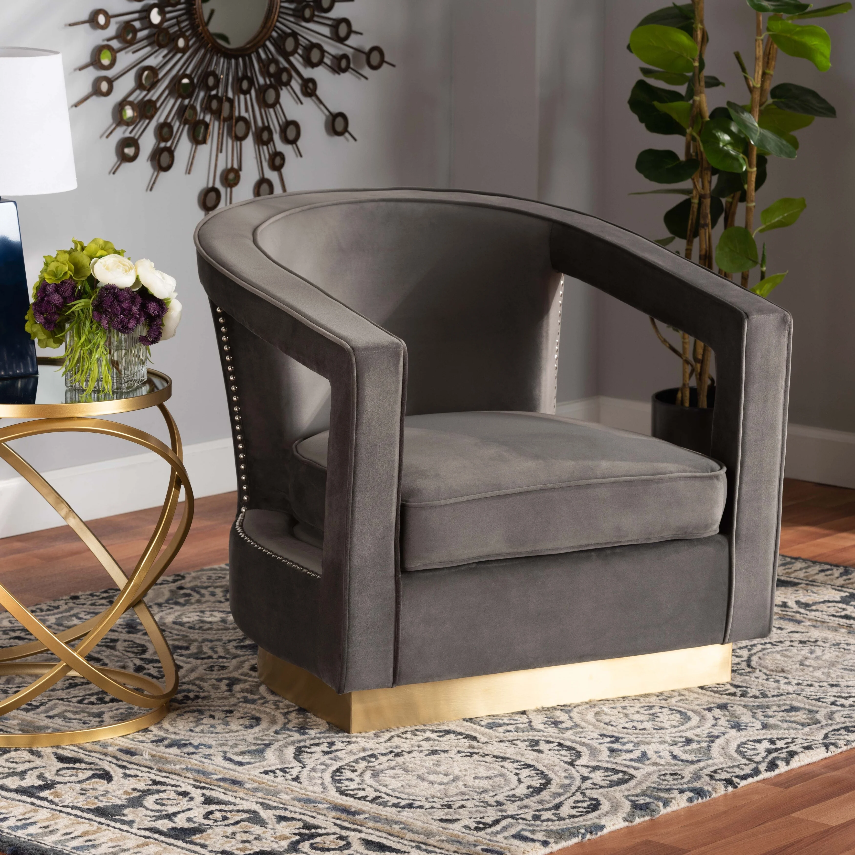 Baxton Studio Neville Modern Luxe and Glam Grey Velvet and Metal Armchair Navy Blue