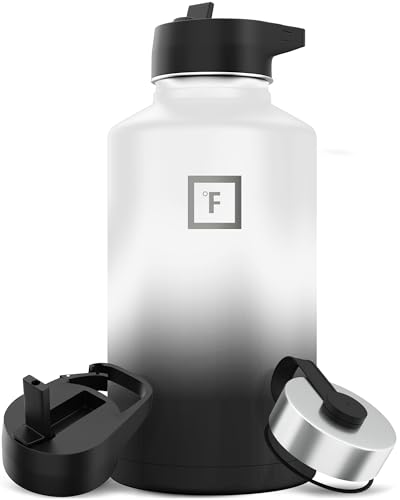 IRON °FLASK Camping & Hiking Hydration Flask with 3 Lids - Stainless Steel, Double Walled & Vacuum Insulated Water Bottle - Leak Proof & BPA Free (Midnight Black, Straw - 40 oz)