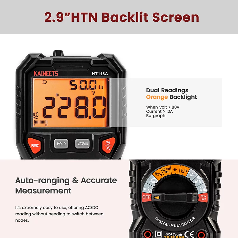 KAIEETS Digital Multimeter Tester Auto-Ranging TRMS 6000 Counts Measuring Amp Volt Capacitance Temperature Ohm Frequency