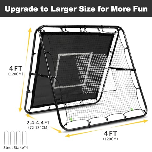 BAGAIL Soccer Rebounder Net, 4 x 4 Ft Pitch Back Baseball Softball Rebounder, Angle Adjustable Rebound Net for Control, Passing Practice, Easy Setup Bounce Back Net Gifts for Training