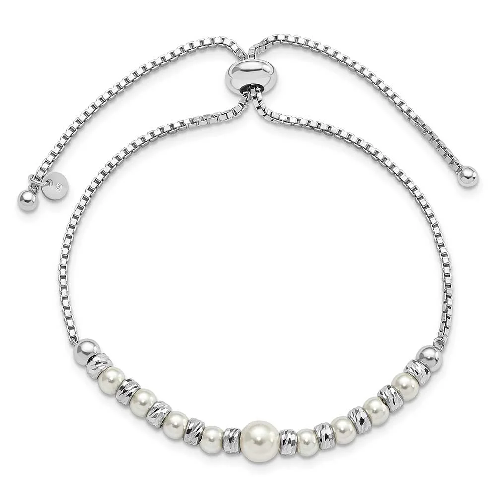 Sterling Silver Rhodium-plated D/C Beads with Swarovski Pearl Adjustable Bracelet