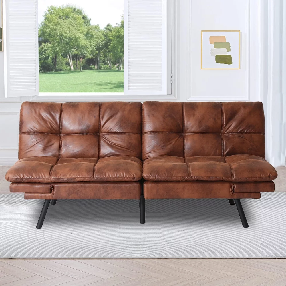 HESTINYSU 70.5'' Upholstered PU Leather Sofa, Memory Foam Futon Couch Bed, Modern Folding Sleeper Sofa,Brown