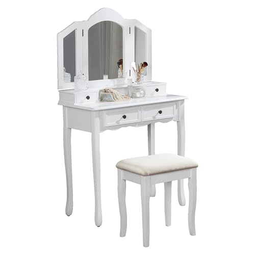Roundhill Furniture Sanlo Wooden Vanity | Make Up Table and Stool Set | White