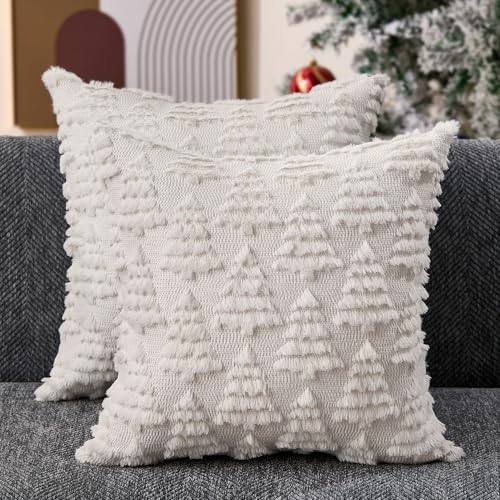 Christmas Pillow Covers 18 x 18 Set of 2 Xmas Decorations Dark Green Christmas Tree Pillow Cases Plush Faux Fur Soft Cushion Case for Winter Xmas Holiday Home Bedroom Sofa Decors SY-003-A18