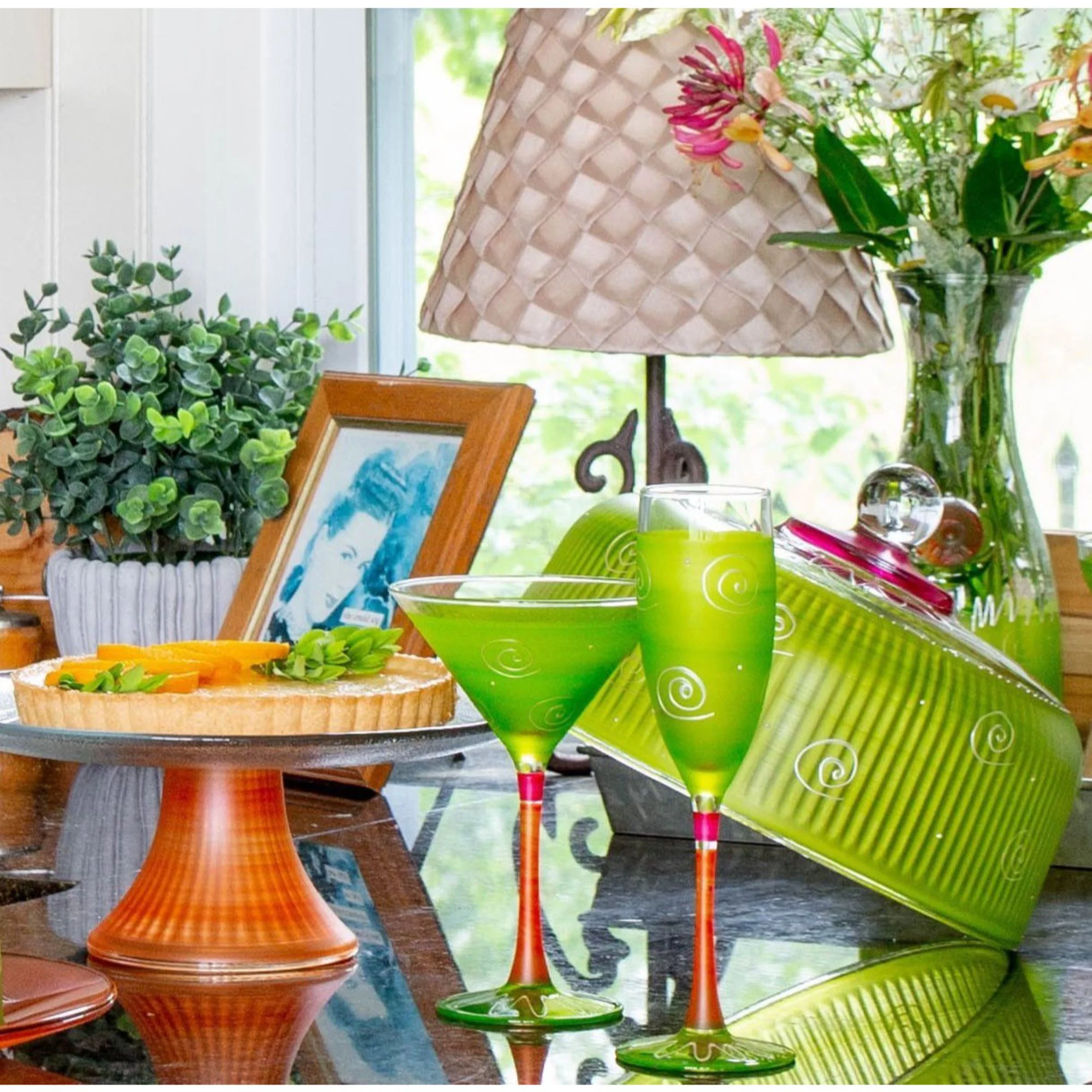 Golden Hill Studio Set of 2 Green and Orange Contemporary Hand Painted Wine Glasses 7.5 oz.