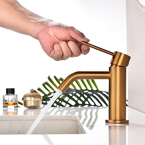 Brushed Gold Vessel Sink Faucet with Pop Up Drain and Supply Lines, Stainless Steel Gold Vanity Faucet Single Hole, JXMMP Single Handle Bathroom Faucet Gold, JXM1001BG