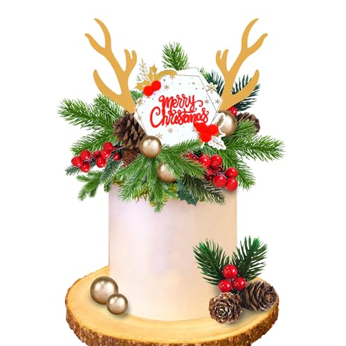 Christmas Cake Topper Deer Elk Cake Decorations with Pine Tree Pine Cones Golden Ball for Xmas Winter Holiday Christmas Theme Supplies (Style 1)