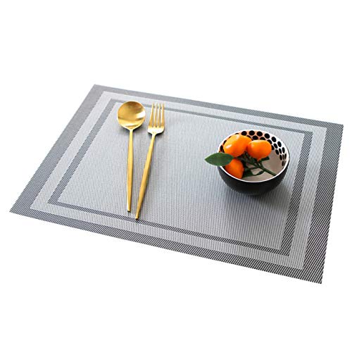 Table Placemats, Easy Clean Washable Table Mats, Stain Resistant Woven Vinyl placemats Set of 4，Heat Resistant PVC Kitchen Table Mats (Grey)