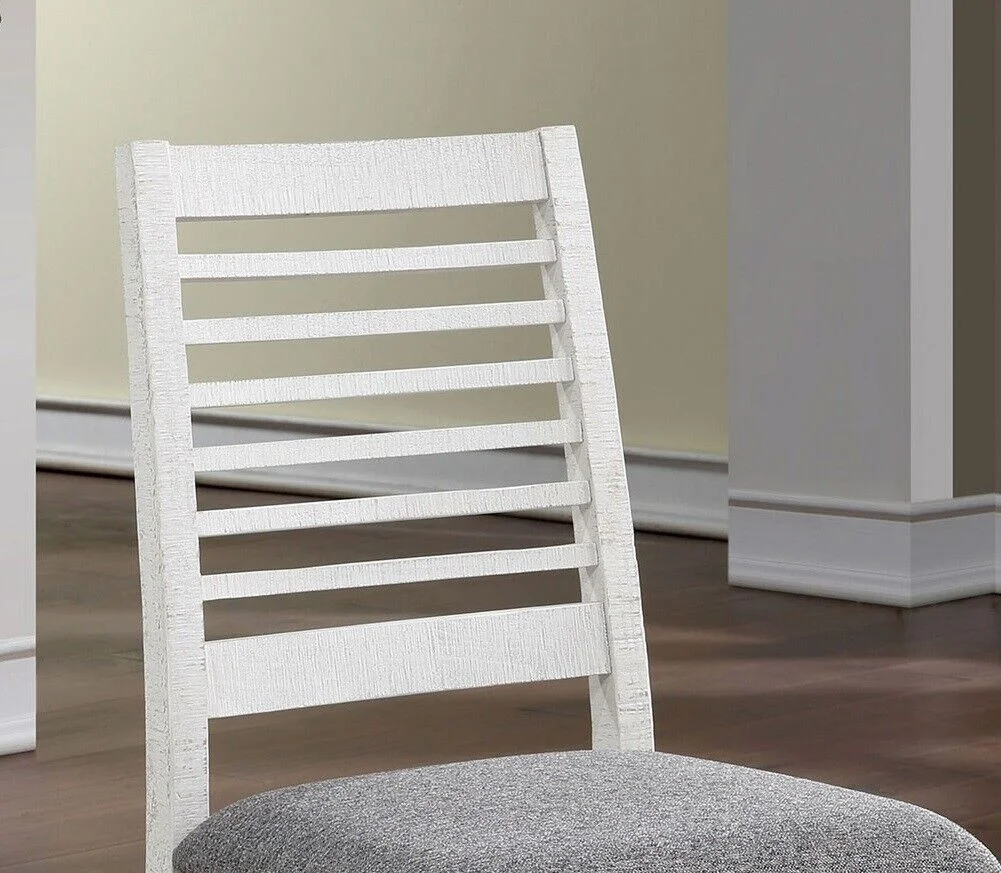 Classic Two-Tone Dining Table 6x Side Chairs 7pc Set Antique White And Gray Solid wood Ladder Back Chairs Fabric Cushions