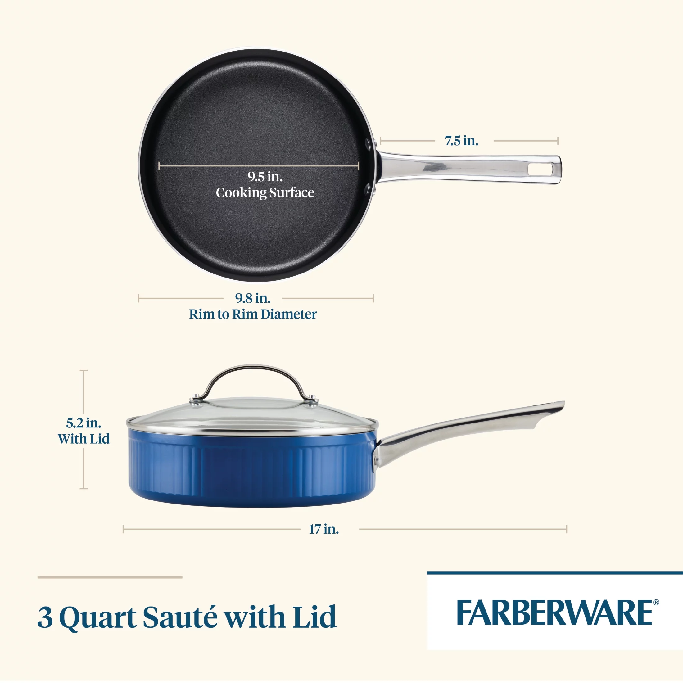 Farberware Style Nonstick 3 Qt Cookware Saute Pan with Lid, Blue