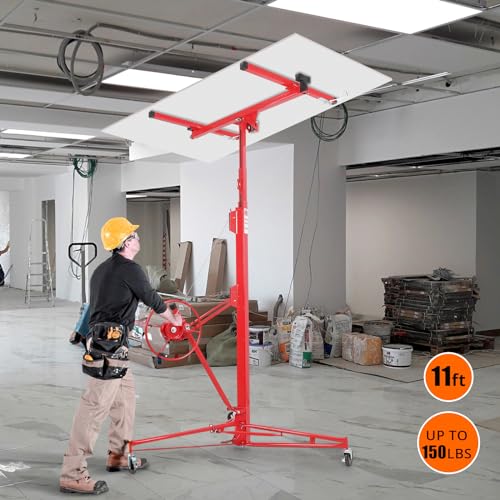 Drywall Lift 11FT, Drywall Jack Lift for Ceiling, Adjustable Panel Hoist, 150LBS Heavy Duty Drywall Lifter, 3 Lockable Wheels Foldable Sheetrock Lift for Home Improvement, Red