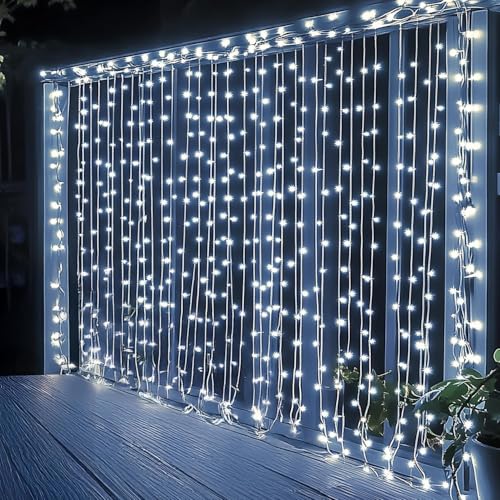 Dazzle Bright 300 LED Curtain Lights, Plug in Fairy Curtain Lights for Bedroom, Christmas Hanging String Lights Outdoor for Window Backdrop Wall Wedding Patio Indoor Dorm Party Decor, Warm White