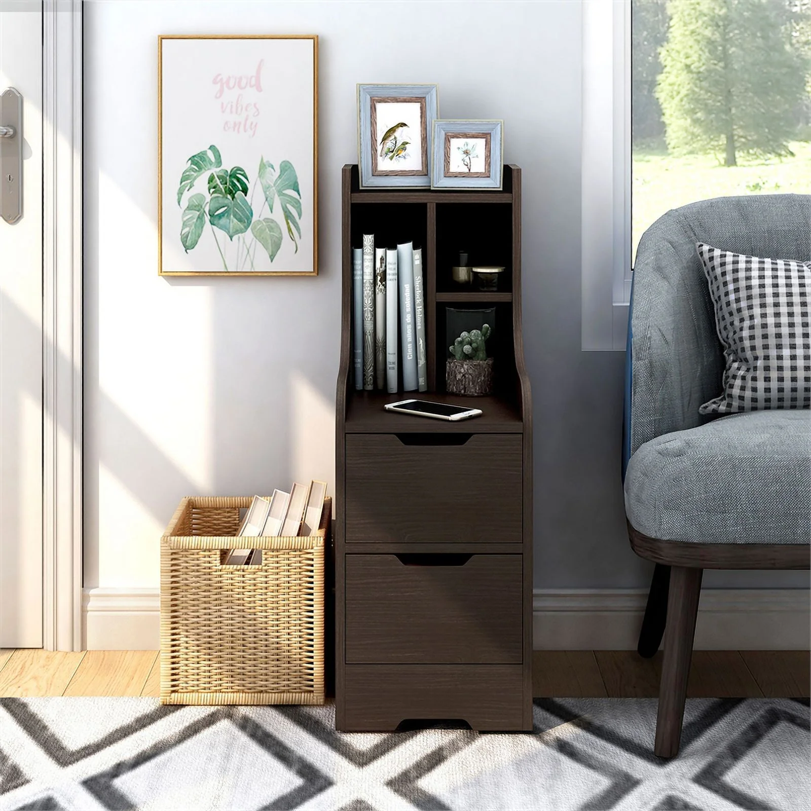 Furniture of America Plose Wood 2-Drawer Nightstand with Open-Shelf in Walnut