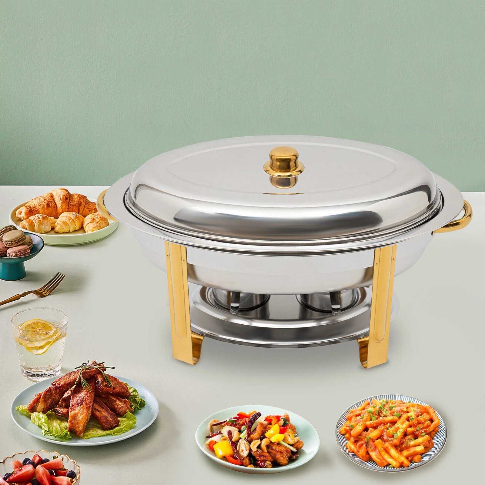 5.5L Stainless Steel Chafing Dish Buffet Set Oval Round Chafer BBQ Party W/ Lid