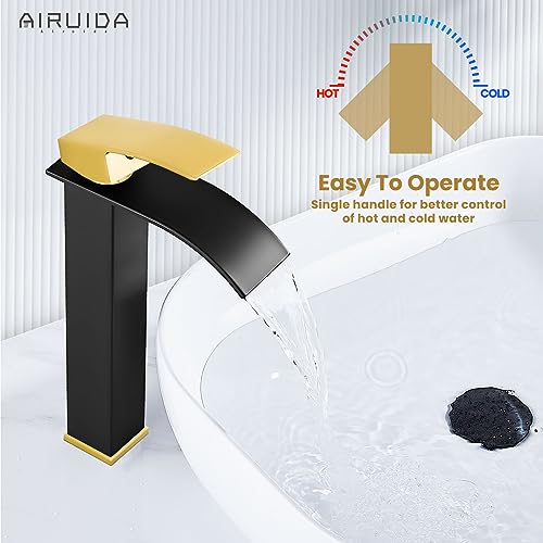 Airuida Brushed Gold Tall Waterfall Bathroom Vessel Sink Faucet Modern Bathroom Vanity Faucet Single Handle Single Hole Farmhouse Bar Mixer Tap Washbasin Faucet Deck Mount