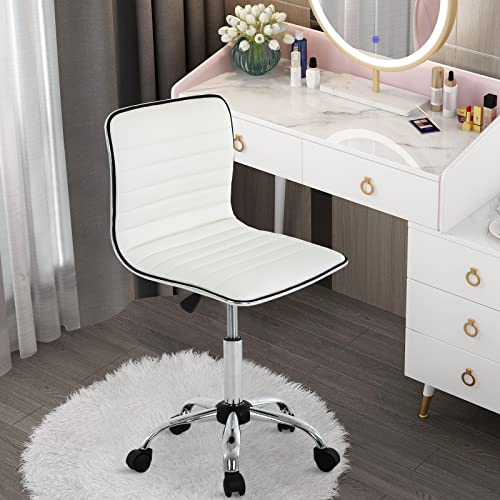 Small Task Chair for Women, Low Back Armless PU Leather Ribbed Computer Executive Cute Desk Chair with Wheels, Rolling Vanity Makeup Chair Silla para Mujer for Makeup Room