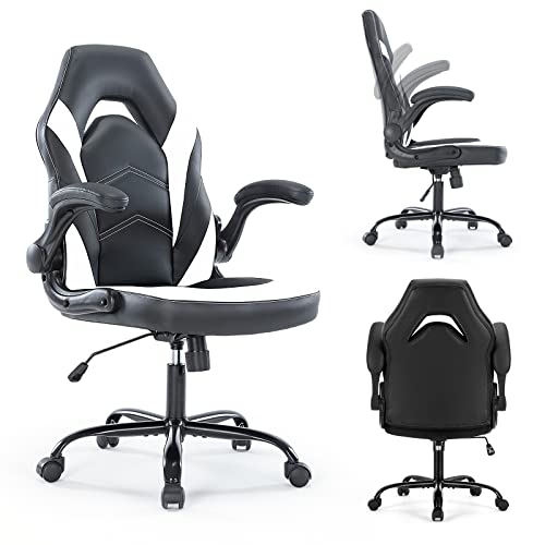 ZUNMOS PU Leather Office Flip-up Armrest with Soft Padded Height Adjustable Desk Computer Lumbar Support Swivel Chair for Gaming, Working, Studying, Black and White (YSS-3895-BW)