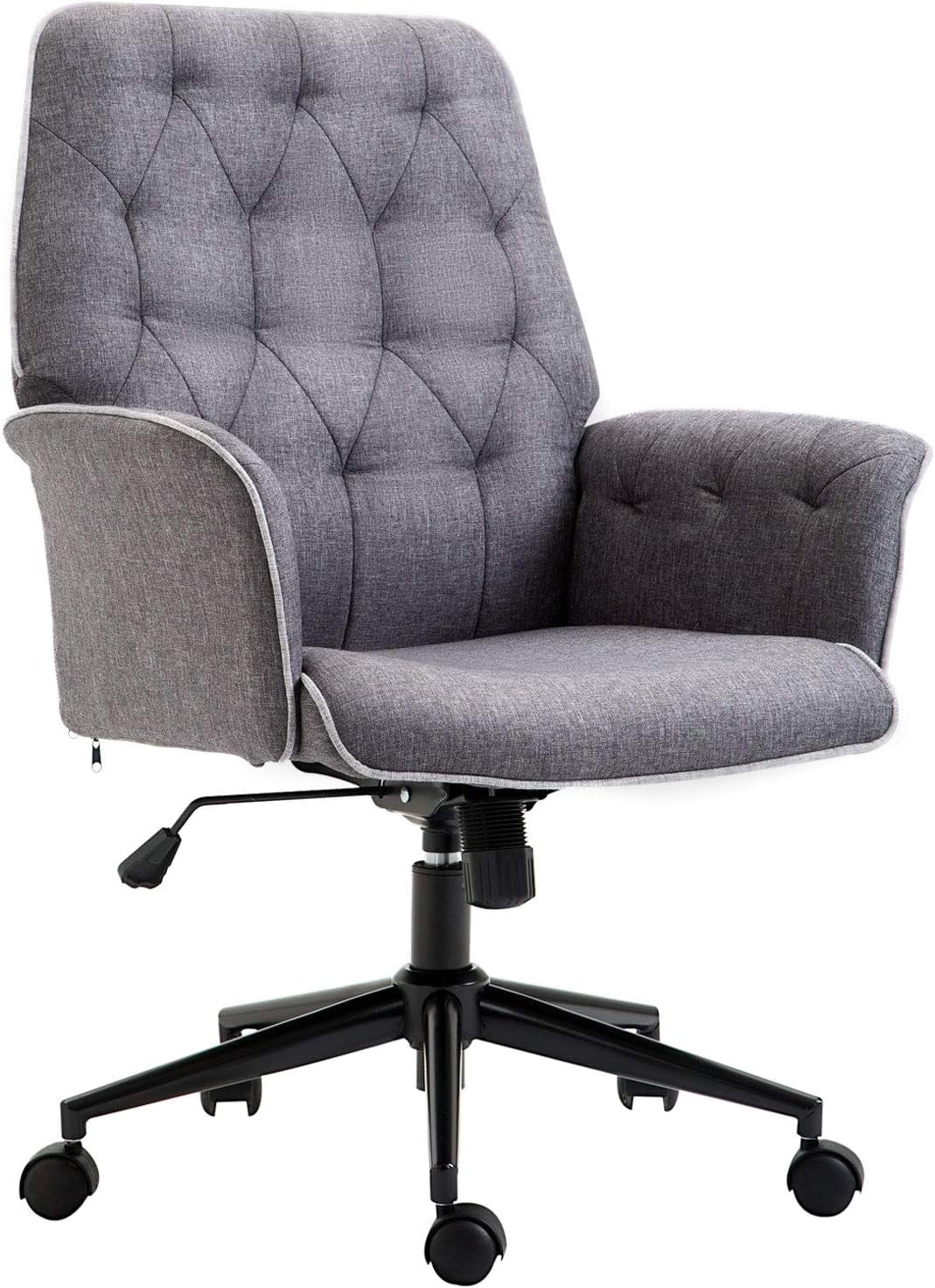 Vinsetto Linen Home Office Chair, Tufted Height Adjustable Computer Desk Chair With Swivel Wheels And Padded Armrests, Dark Gray