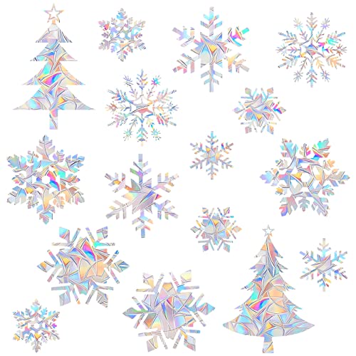 Window Decals for Bird Strikes - Anti-Collision Clings to Save Birds,Non Adhesive Vinyl Rainbow Suncatch Stickers, Easy Remove No Residue and Reusable,14 PCS Christmas Snowflake