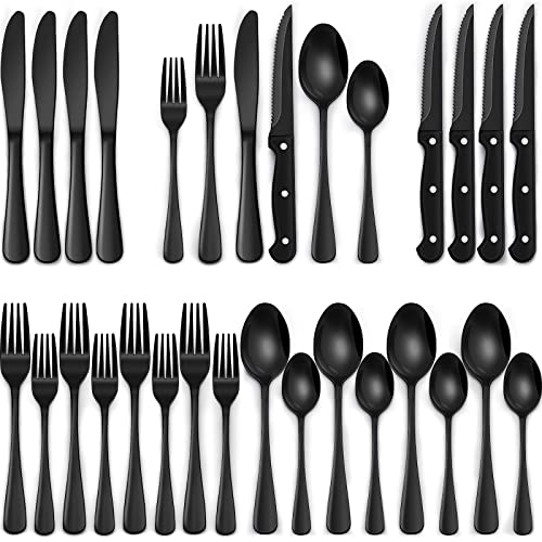 Black Heavy Duty Silverware Set, 24-Piece Stainless Steel Flatware Set with Steak Knives for 4, Food-Grade Tableware Cutlery Set, Utensil Sets for Home Restaurant, Mirror Finish, Dishwasher Safe