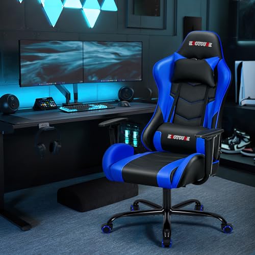 ECOTOUGE PC Massage Gaming Chair with Footrest Ergonomic Office Desk Chair Racing PU Leather Recliner Swivel Rocker with Headrest and Lumbar Pillow, Blue
