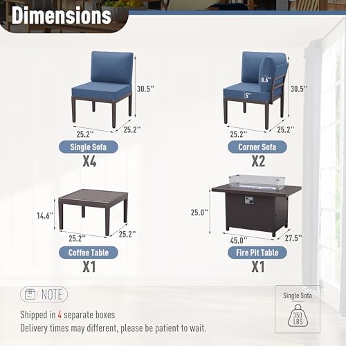 Kurapika 8 Pieces Metal Patio Furniture Set Modern Metal Outdoor Conversation Sets w/45in Propane Fire Pit Table, Patio Sectional Sofa w/5 Inch Cushion, Navy Blue