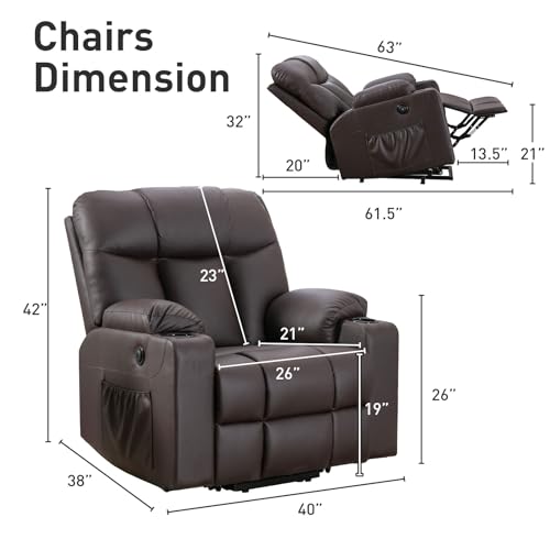 Bonzy Home Oversized Power Lift Recliner Chair for Elderly, Faux Leather Lift Chair with Heated and Massage, Extra Wide Single Sofa with 2 Cup Holders, Side Pockets, USB Port, Brown