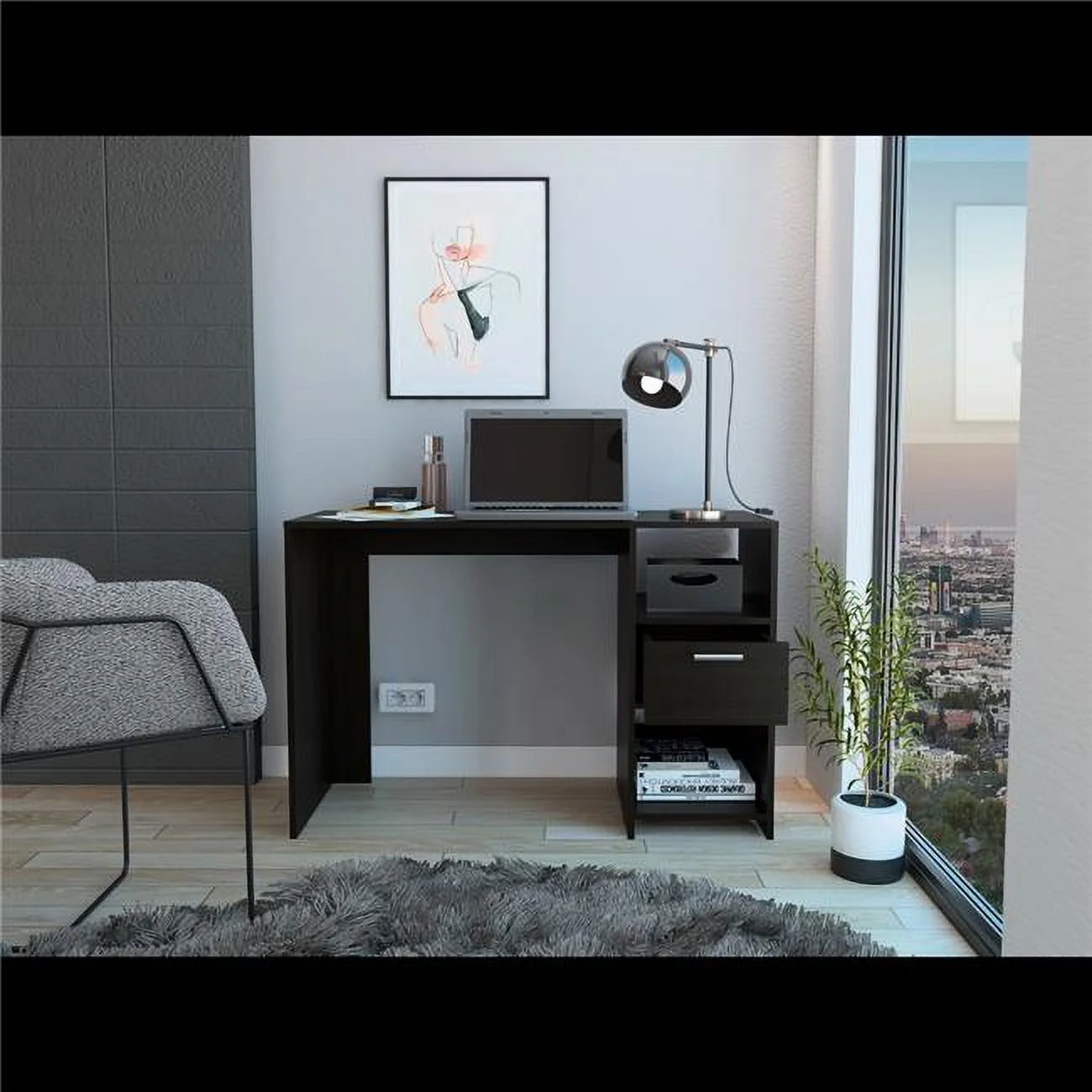 Depot E-Shop DE-ELW5674 Naxos Computer Desk with 1-Drawer & 2-Open Storage Shelves, Black