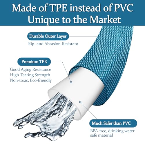 Garden Hose 50ft, Made of TPE(Not PVC), Ultra-Light & Flexible Water Hose with Solid Brass Fittings, Non-Shrinking, Easy to Storage, Drinking Water Safe Material, All-weather, SeaBlue