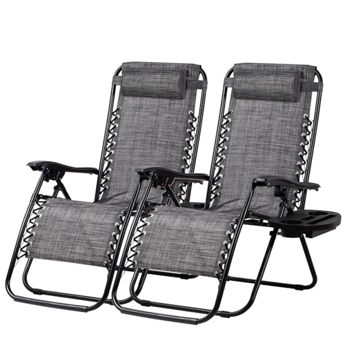 Nazhura Set of 2 Relaxing Recliners Patio Chairs Adjustable Steel Mesh Zero Gravity Lounge Chair Beach Chairs with Pillow and Cup Holder (Dark Green)