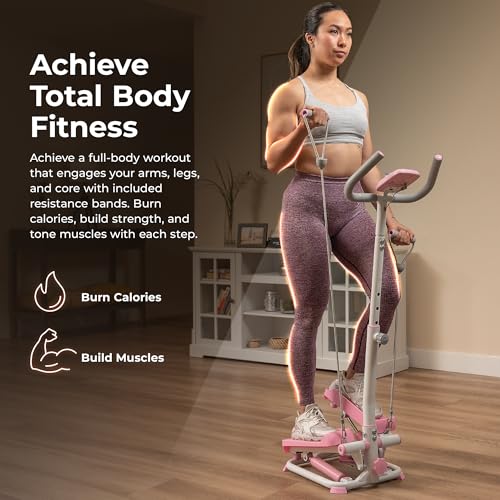 Sunny Health & Fitness Total Body 2-in-1 Smart Stepper Machine for Home with Handlebar and Resistance Bands, Total Body Workout, Adjustable Hydraulic, LCD Monitor, Non-Slip Pedals – 330 LB Max Weight