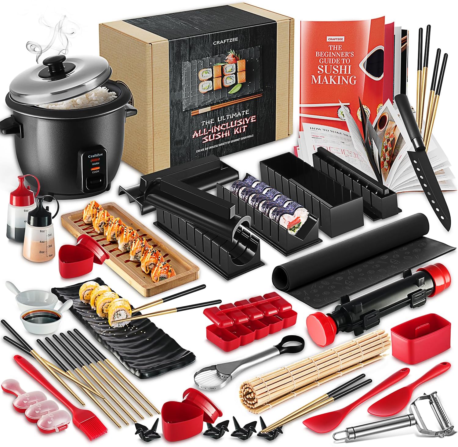 Sushi Making Kit - 42Pcs Sushi Maker Kit with Bazooka Roller, Rice Cooker, Onigiri, Nigiri & Musubi Mold, Rice Ball Mold, Bamboo Rolling Mat, Knife, Guide Book & More
