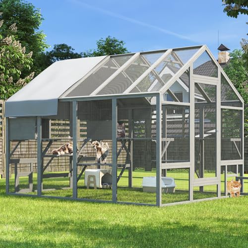 Cat Catio, Large Catio Outdoor Cat Enclosure for Multiple Cats with 7 Platforms, 2 Resting Box and 2 Bridges, Wooden Feral Cats Shelter with Waterproof and UV Proof Canopy, 71 x 71 x 97 inch