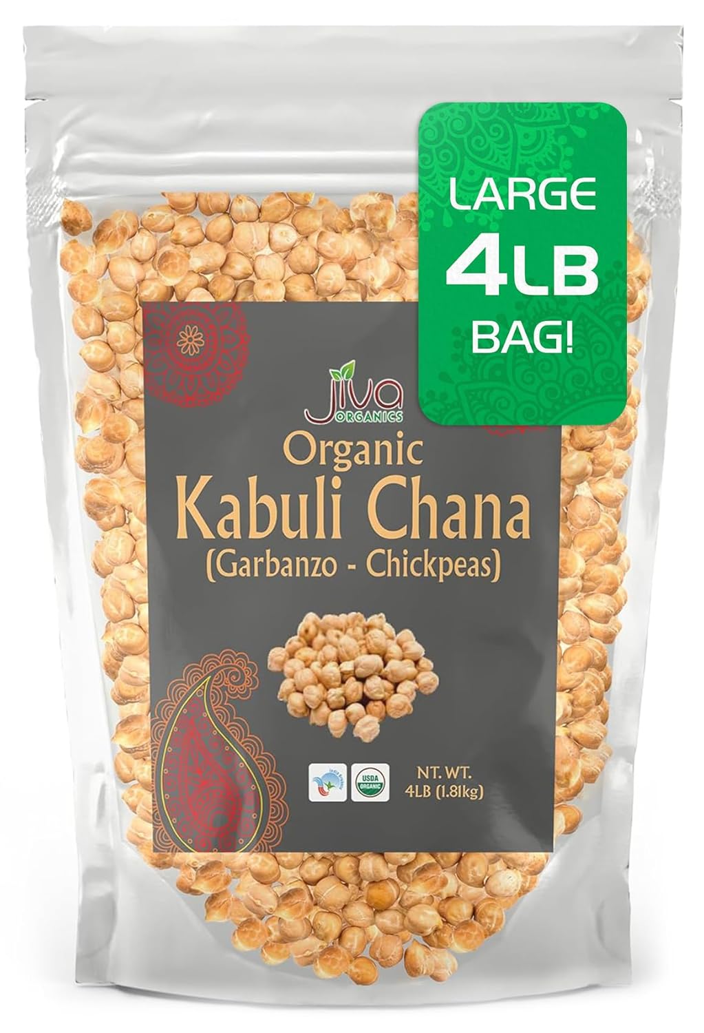 Jiva Organic Raw Chickpeas (Whole Garbanzo Beans) 4 LB Large Bag - Gluten Free, Non GMO, Vegan